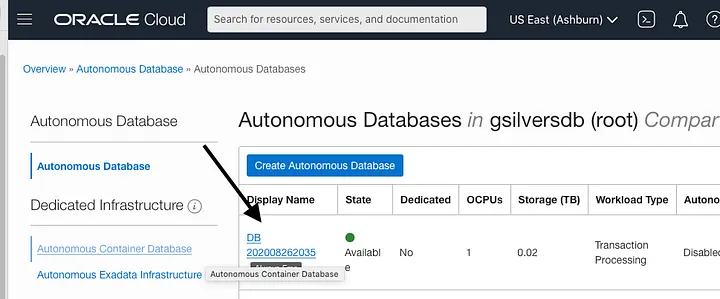 Image of Oracle Cloud Dashboard with Database Showing