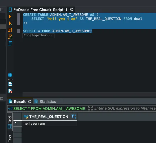 Screenshot of DBeaver SQL sheet with a sample query completed IE select 1 from dual;