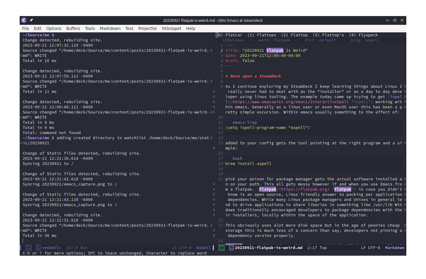 Screenshot of emacs with ispell running