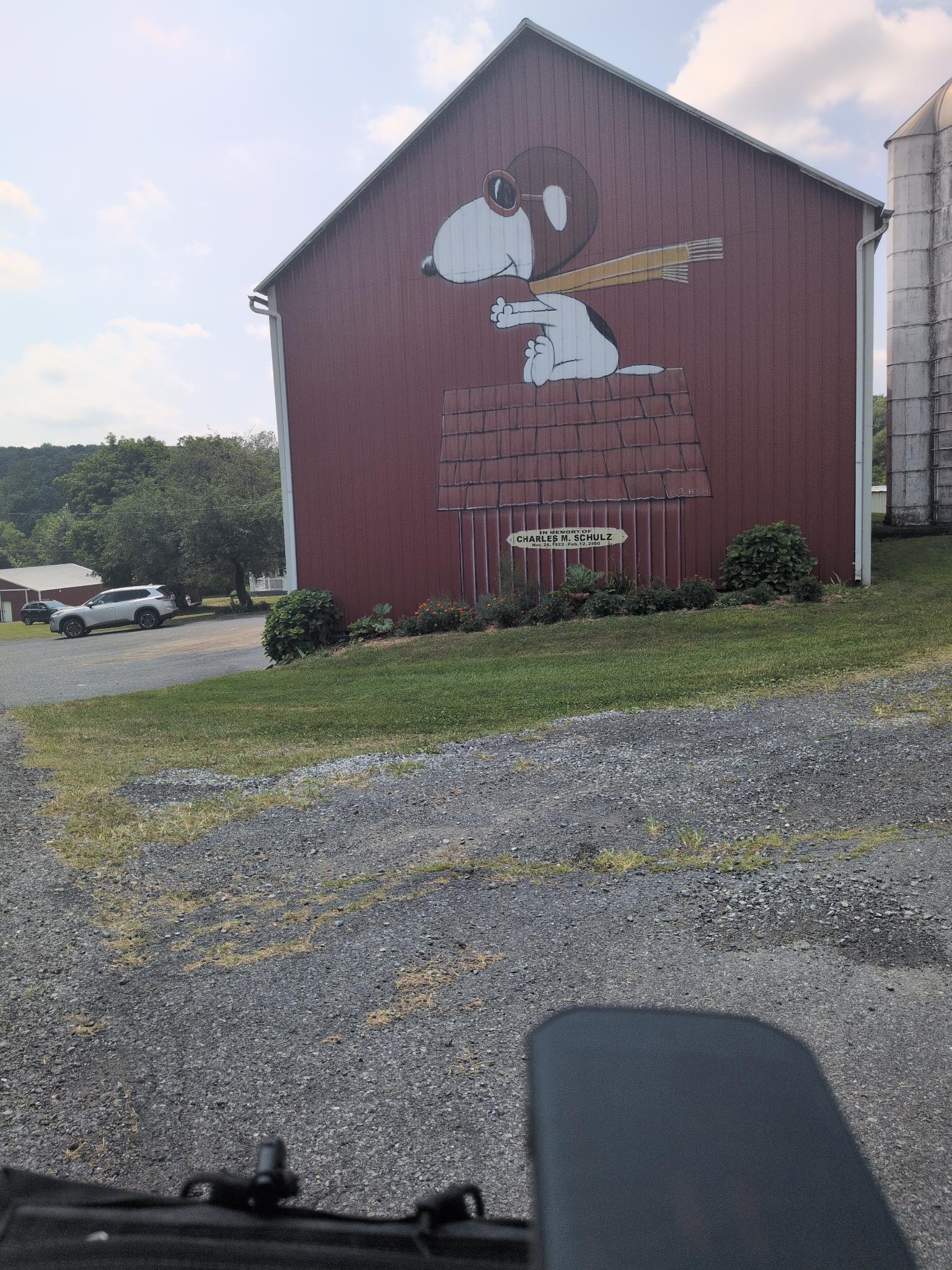 A snoopy painting on the side of a red barn in the sun